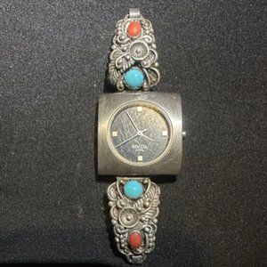 Sterling Silver Turquoise and Coral Watch Band with Boccia Face
